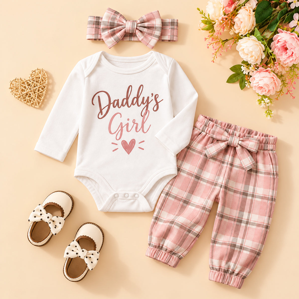 3PCS Daddy's Girl Letter Heart Plaid Print Long Sleeve Baby Set