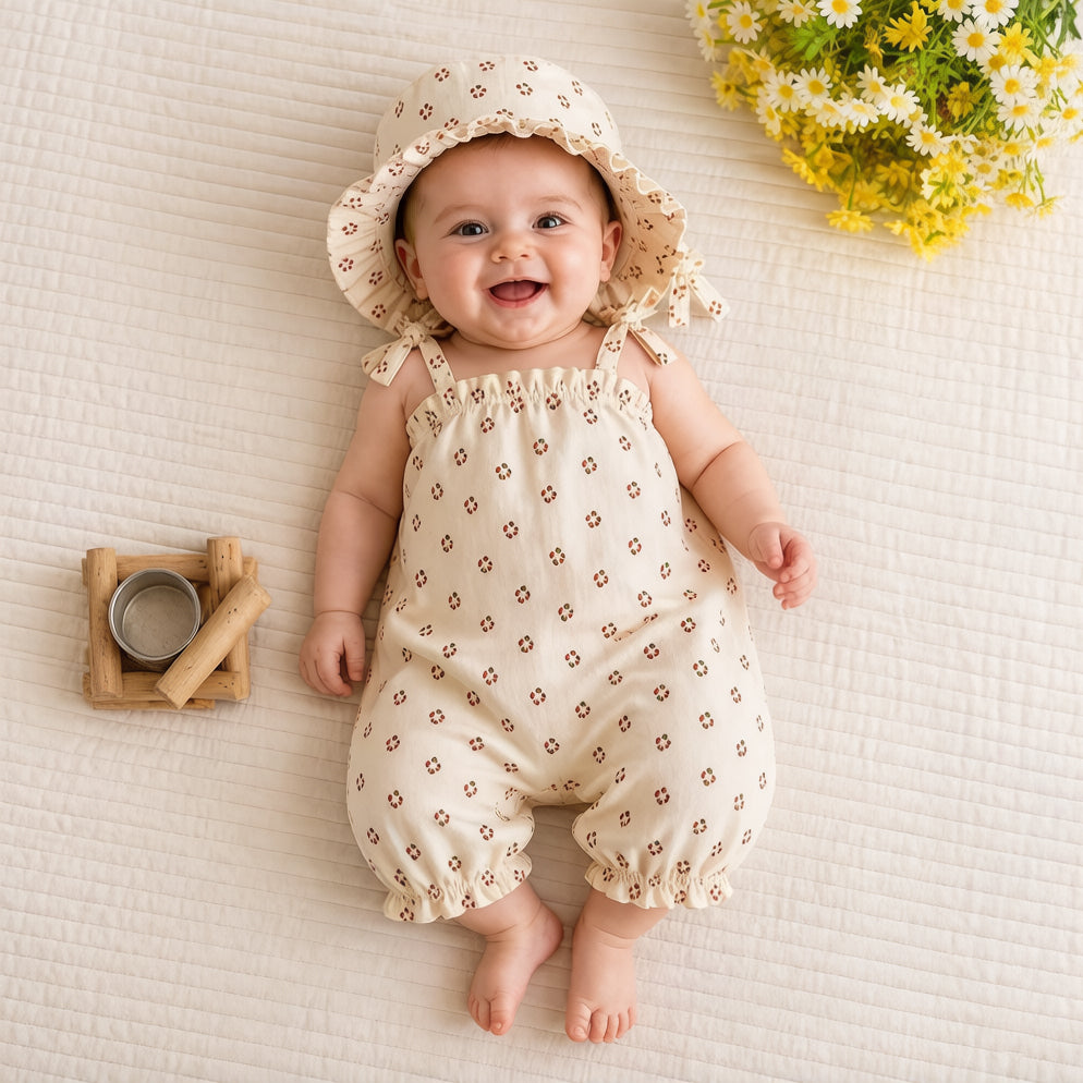 2PCS Timeless Floral Print Sleeveless Baby Jumpsuit