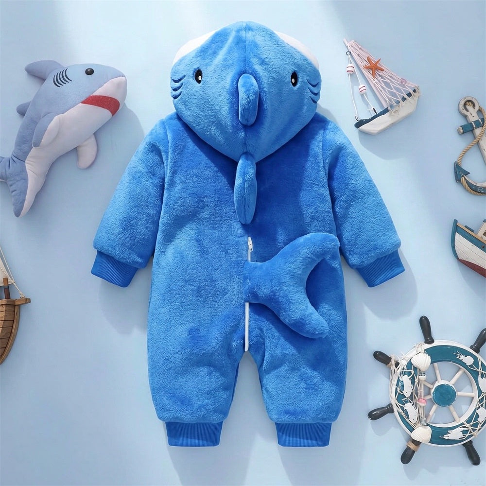 Fuzzy Shark Design Zipper Hoodie Baby Jumpsuit