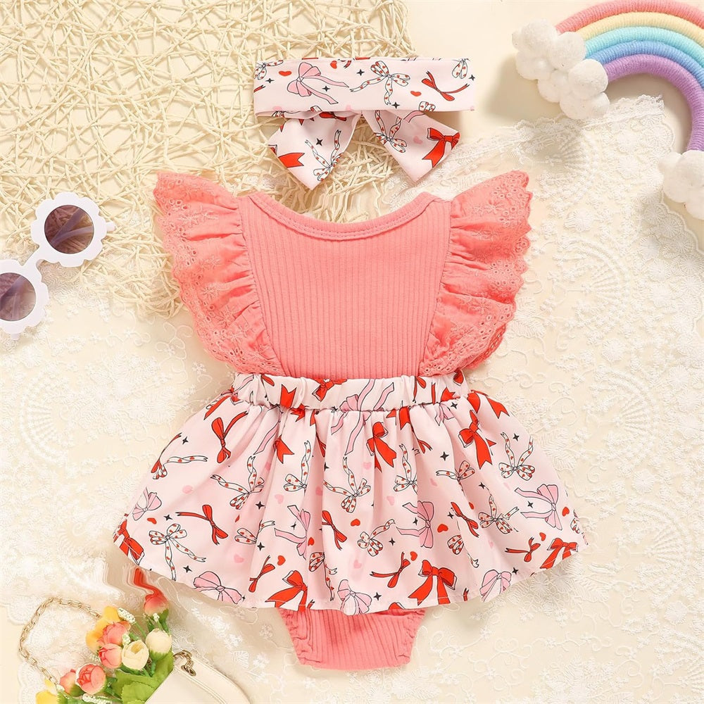 2PCS Cute Bow Printed Fly Sleeve Baby Romper