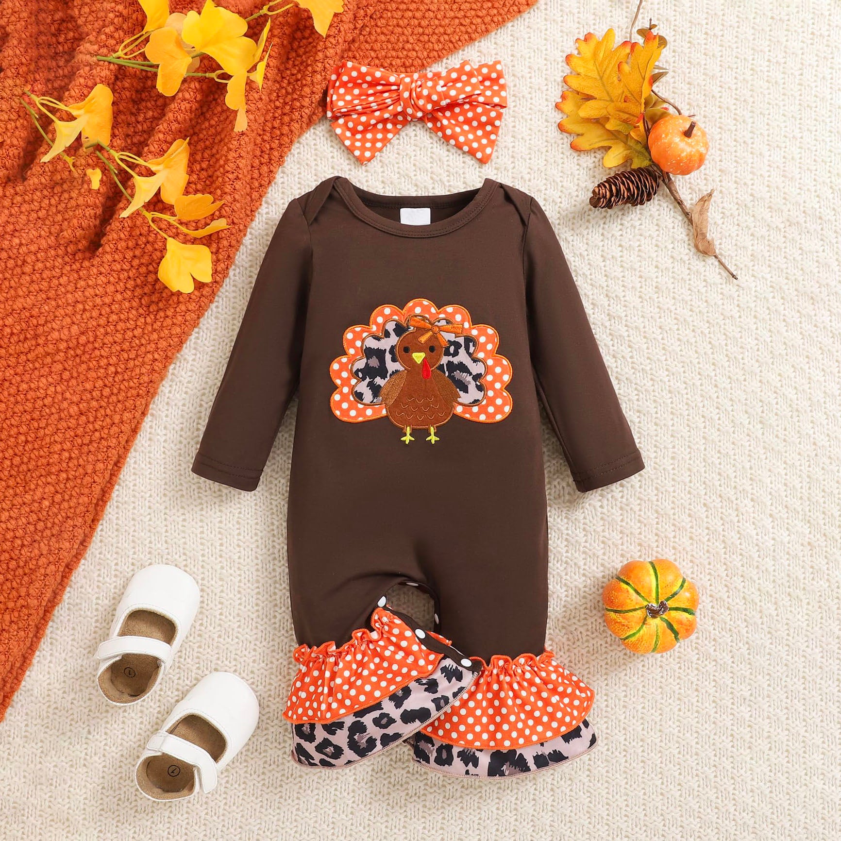 2PCS Thanksgiving Turkey Polka Dots Printed Baby Jumpsuit