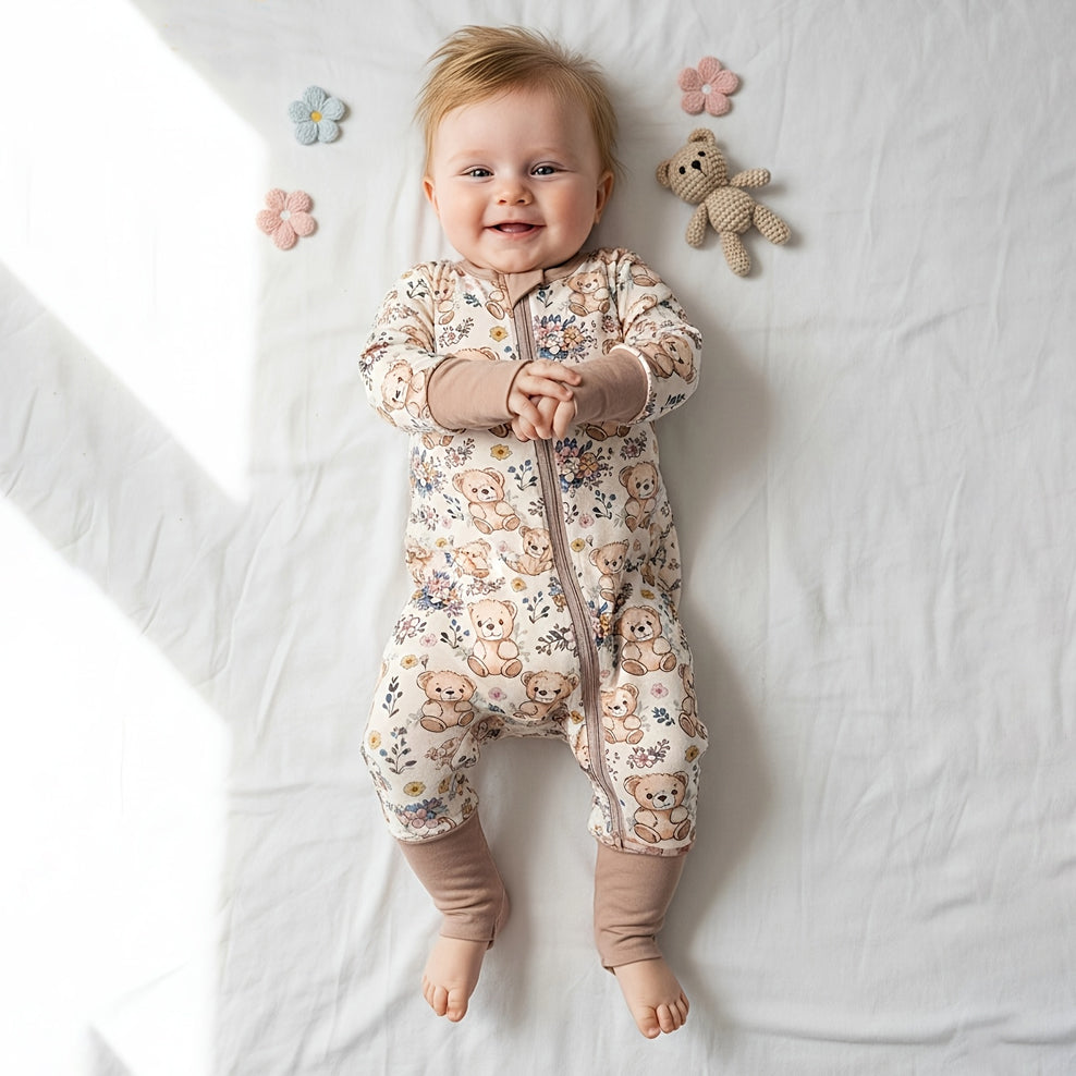 Lovely Bear & Floral Print Zipper Long Sleeve Baby Jumpsuit