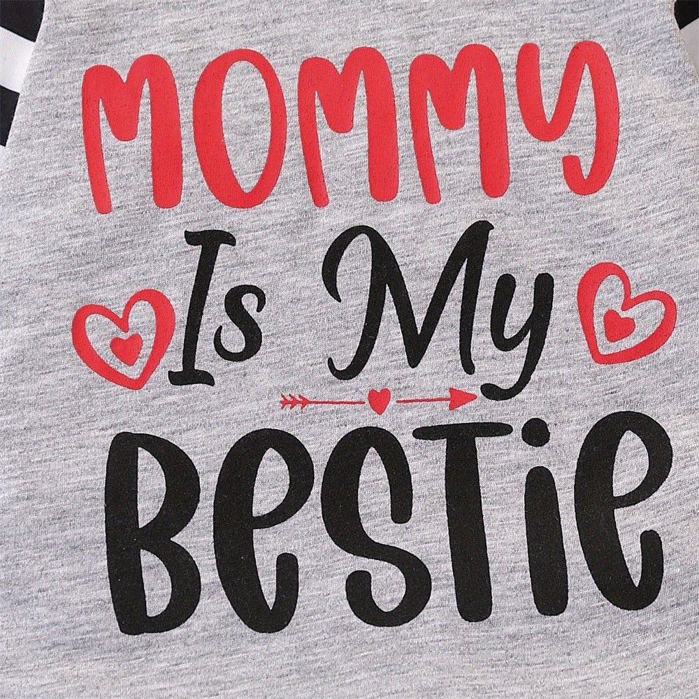 2PCS Mommy Is My Bestie Letter Print Striped Baby Jumpsuit