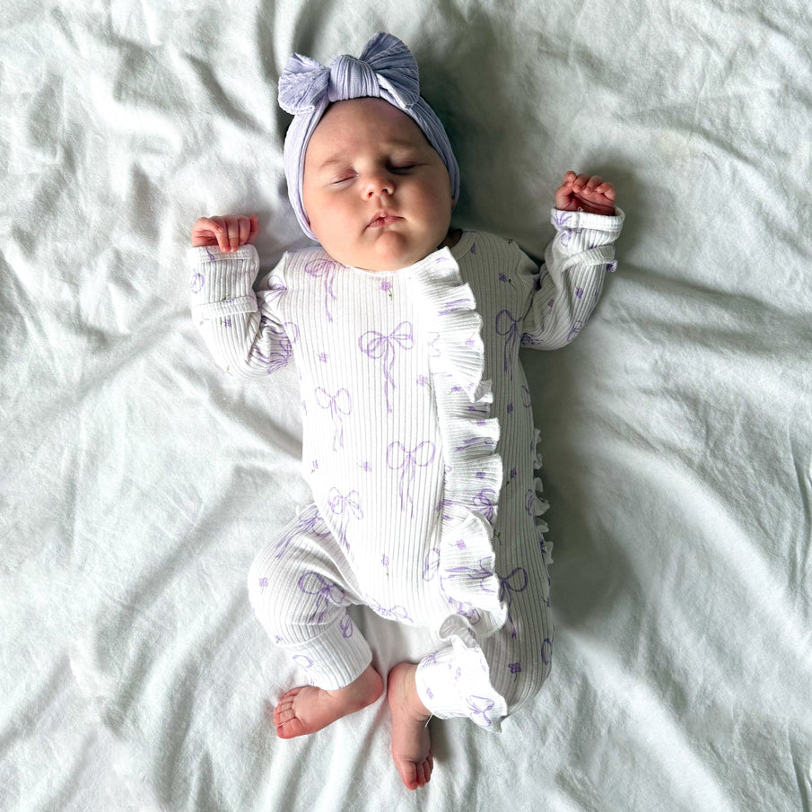 2PCS Elegant Bow Printed Long Sleeve Zipper Baby Jumpsuit