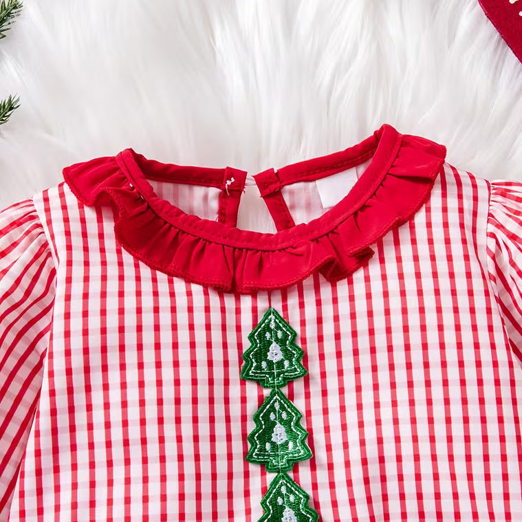 Lovely Christmas Tree Applique Plaid Printed Long Sleeve Baby Romper