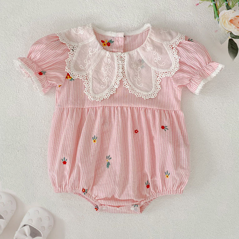Cute Floral Embroidery Lace Short Sleeve Baby Romper