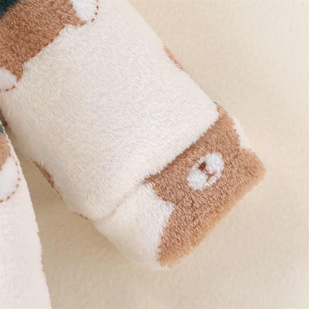 Plush Bear Print Long Sleeve Plush Hooded Jumpsuit