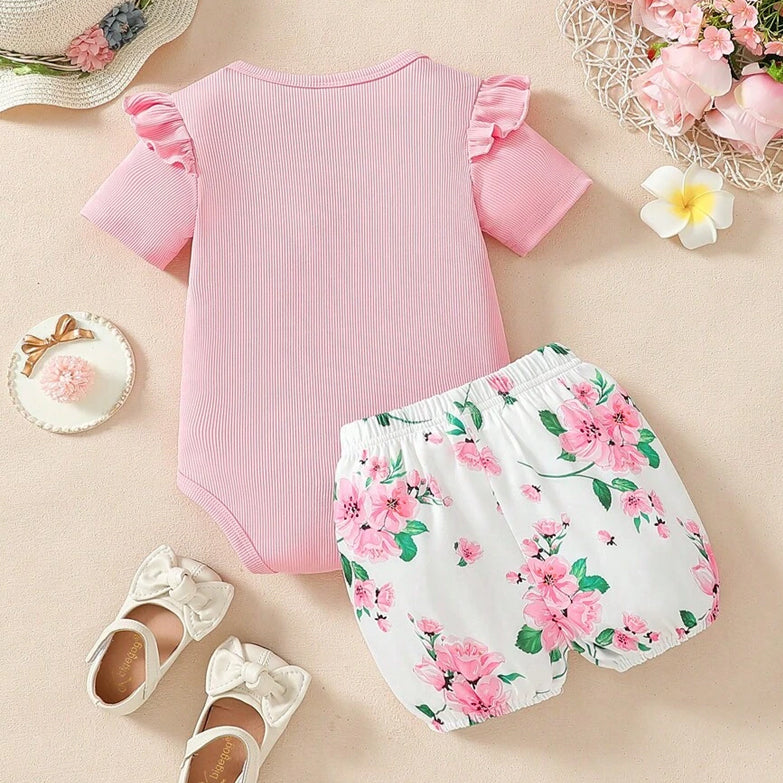2PCS Mama Is My Bestie Letter Floral Print Short Sleeve Baby Set