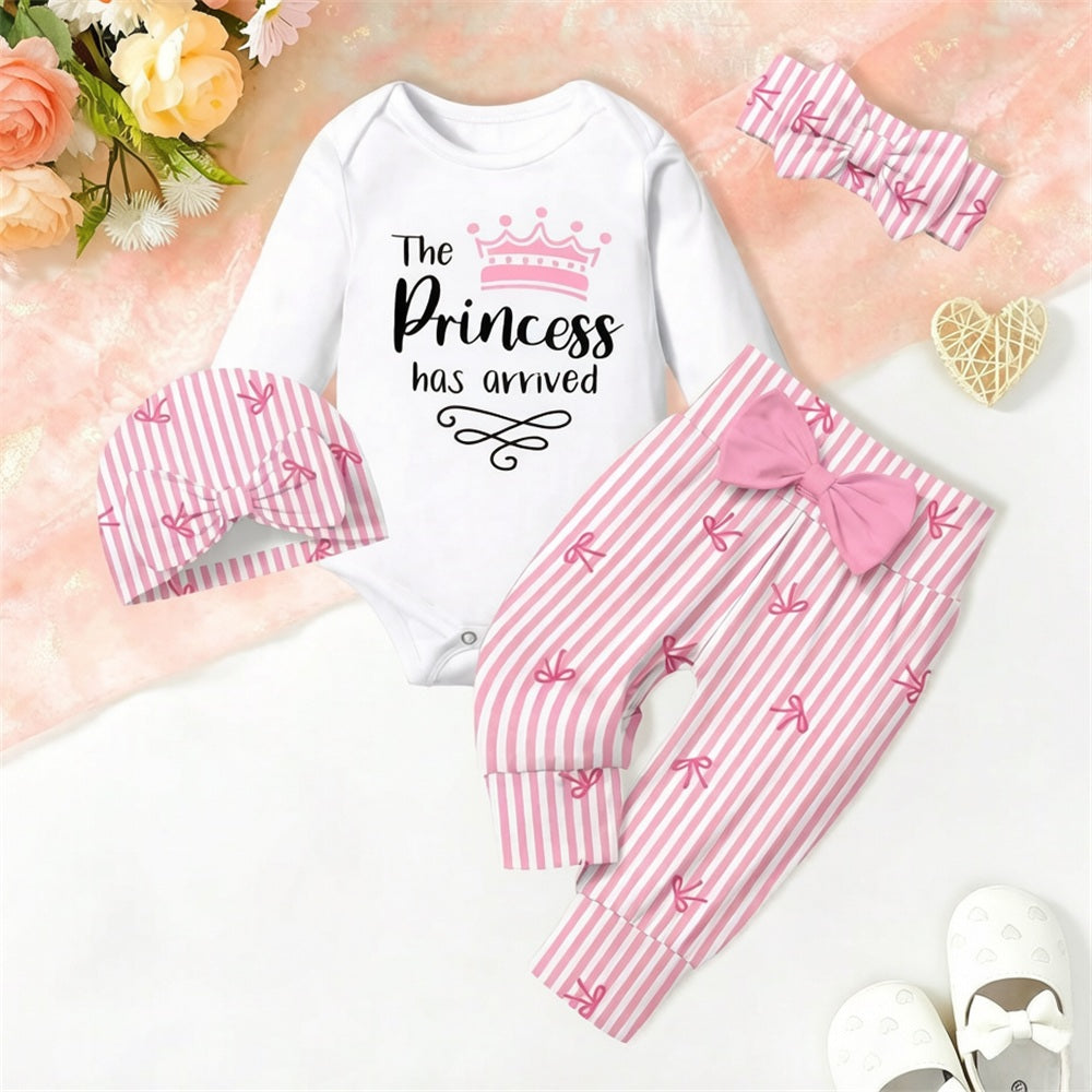 4PCS The Princess Has Arrived Letter Bow Stripe Print Baby Set