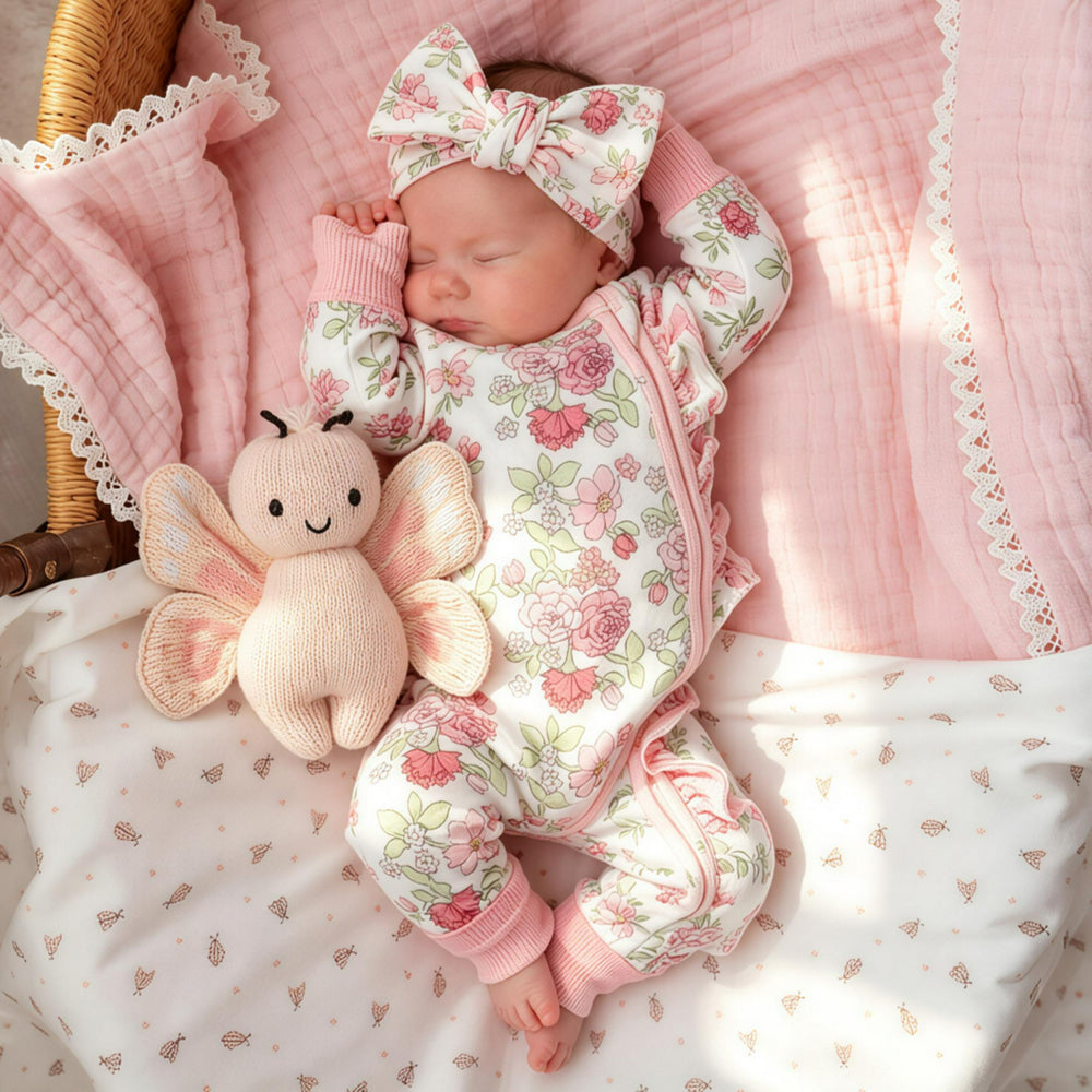 2PCS Grace Floral Print Ruffle Zipper Long Sleeve Baby Jumpsuit