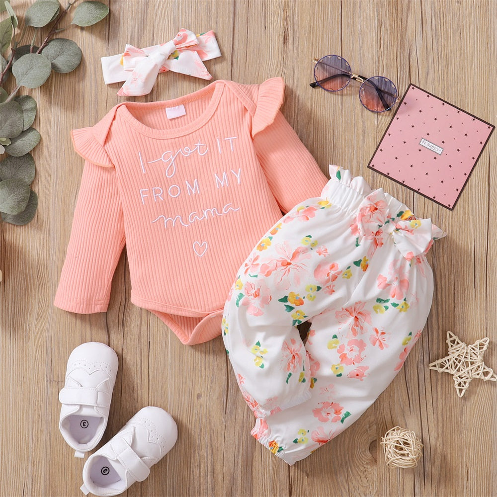 3PCS I Got It From My Mama Letter Floral Long Sleeve Baby Set