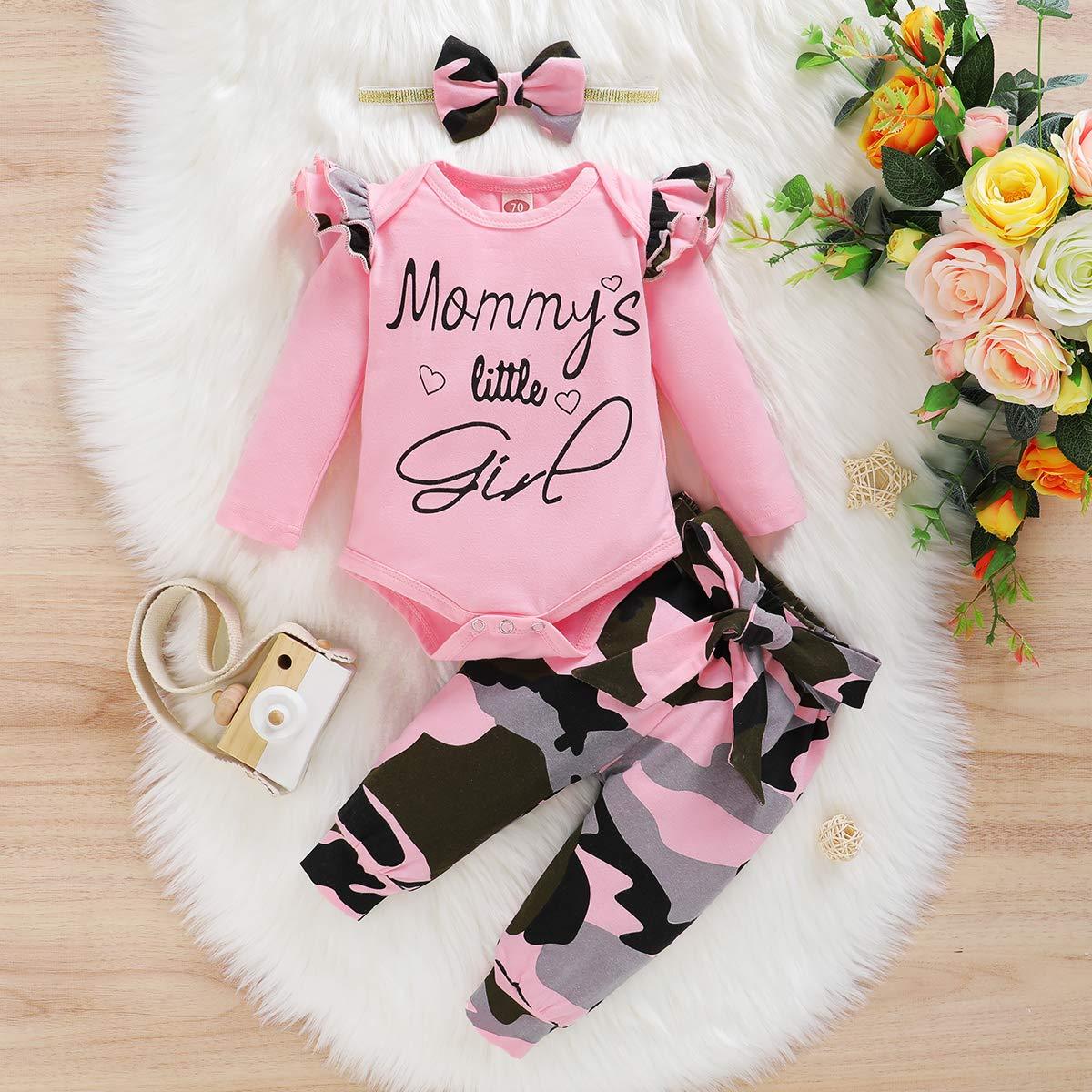 Barboteuse à volants imprimée avec lettres pour petite fille, 3 pièces, avec pantalon imprimé Camouflage, ensemble pour bébé fille
