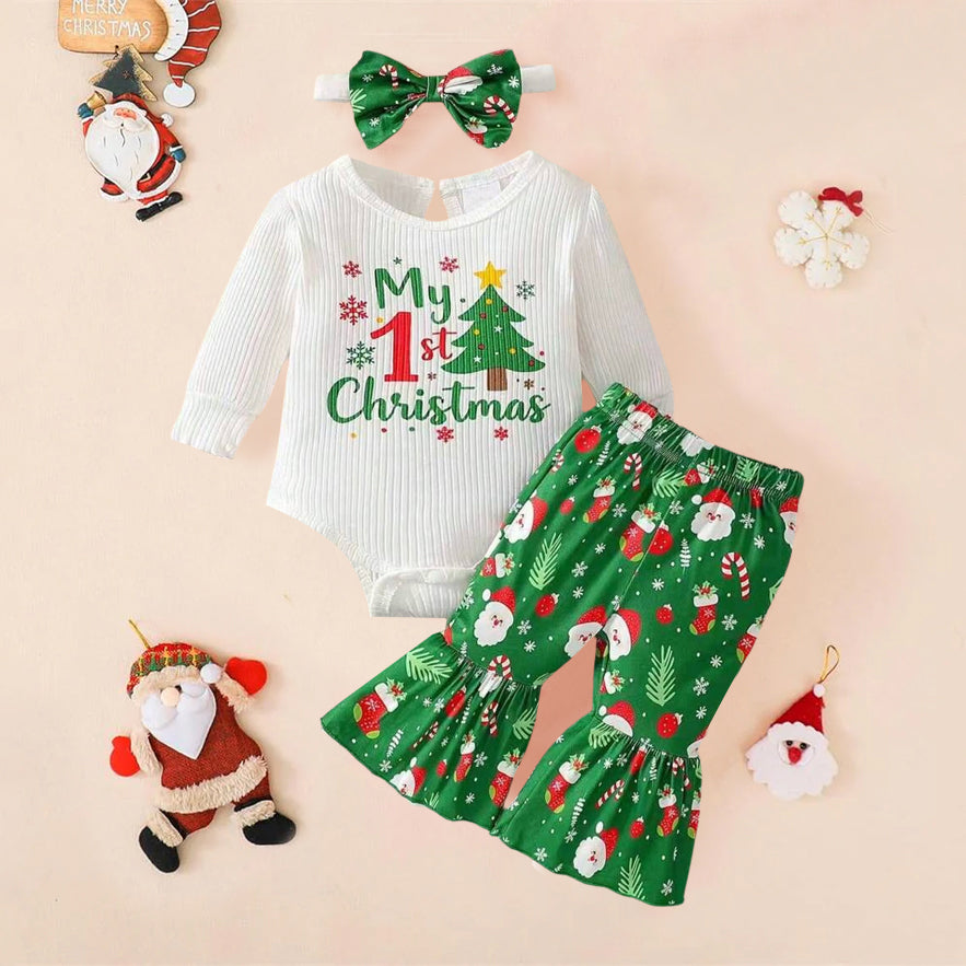 3PCS My 1st Christmas Letter Santa Claus Print Baby Girl Set