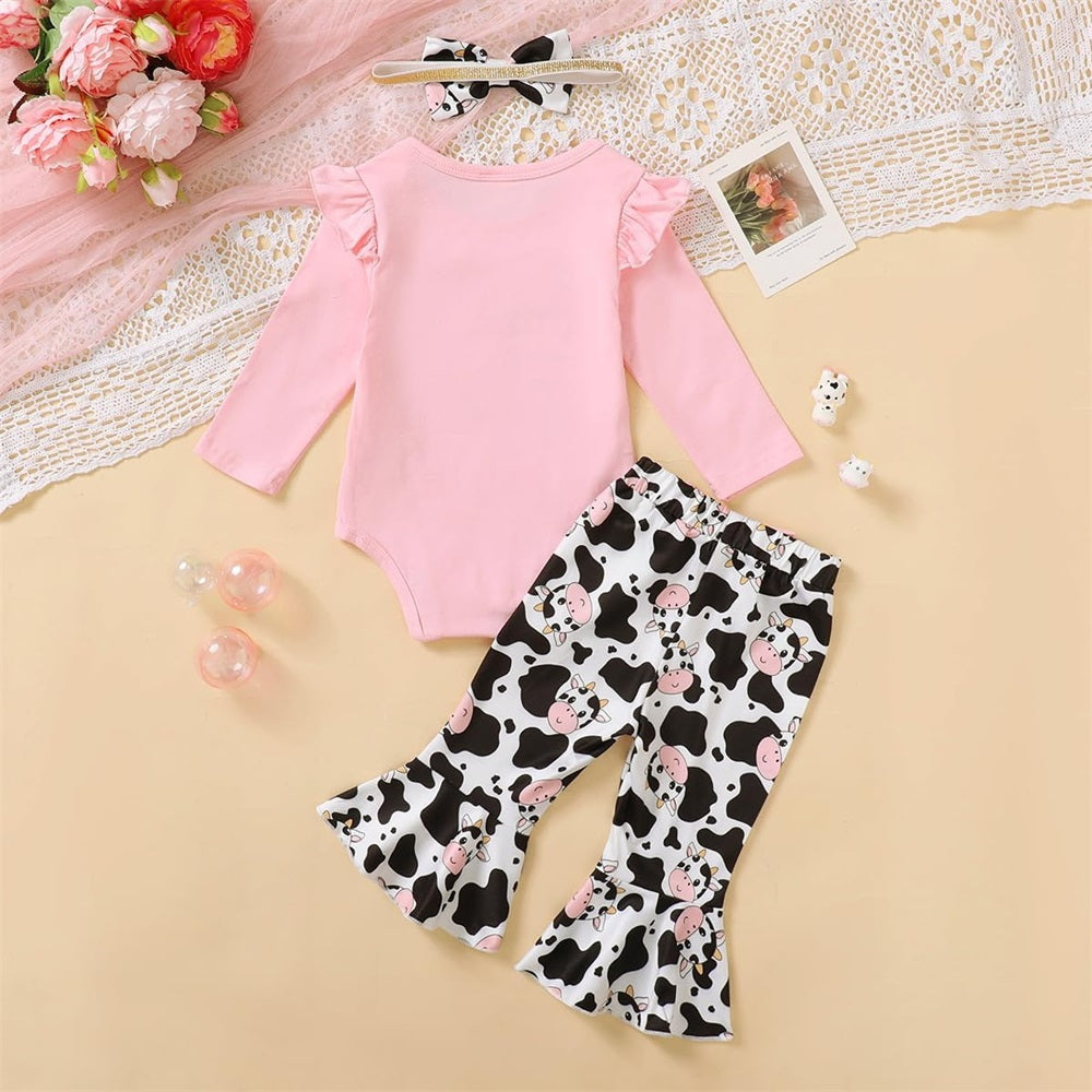 3PCS Holy Cow I'm Cute Letter Cow Print Baby Girl Set