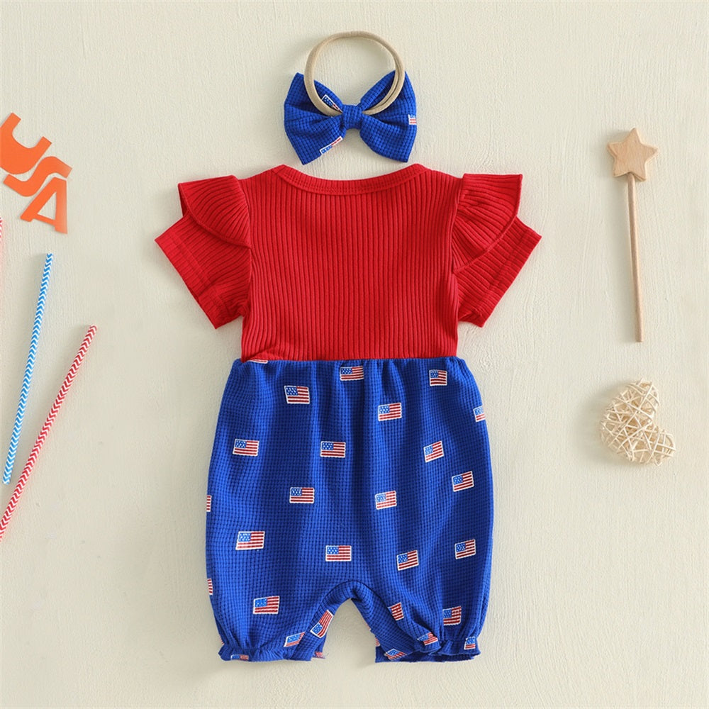 2PCS Flag Printed Bow Short Sleeve Baby Jumpsuit