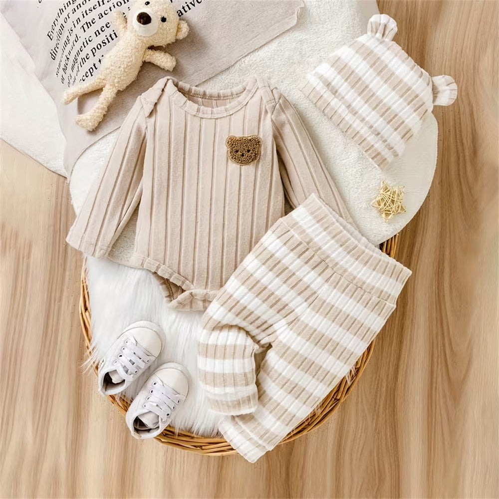 3PCS Bear Embroidery Striped Long Sleeve Baby Set