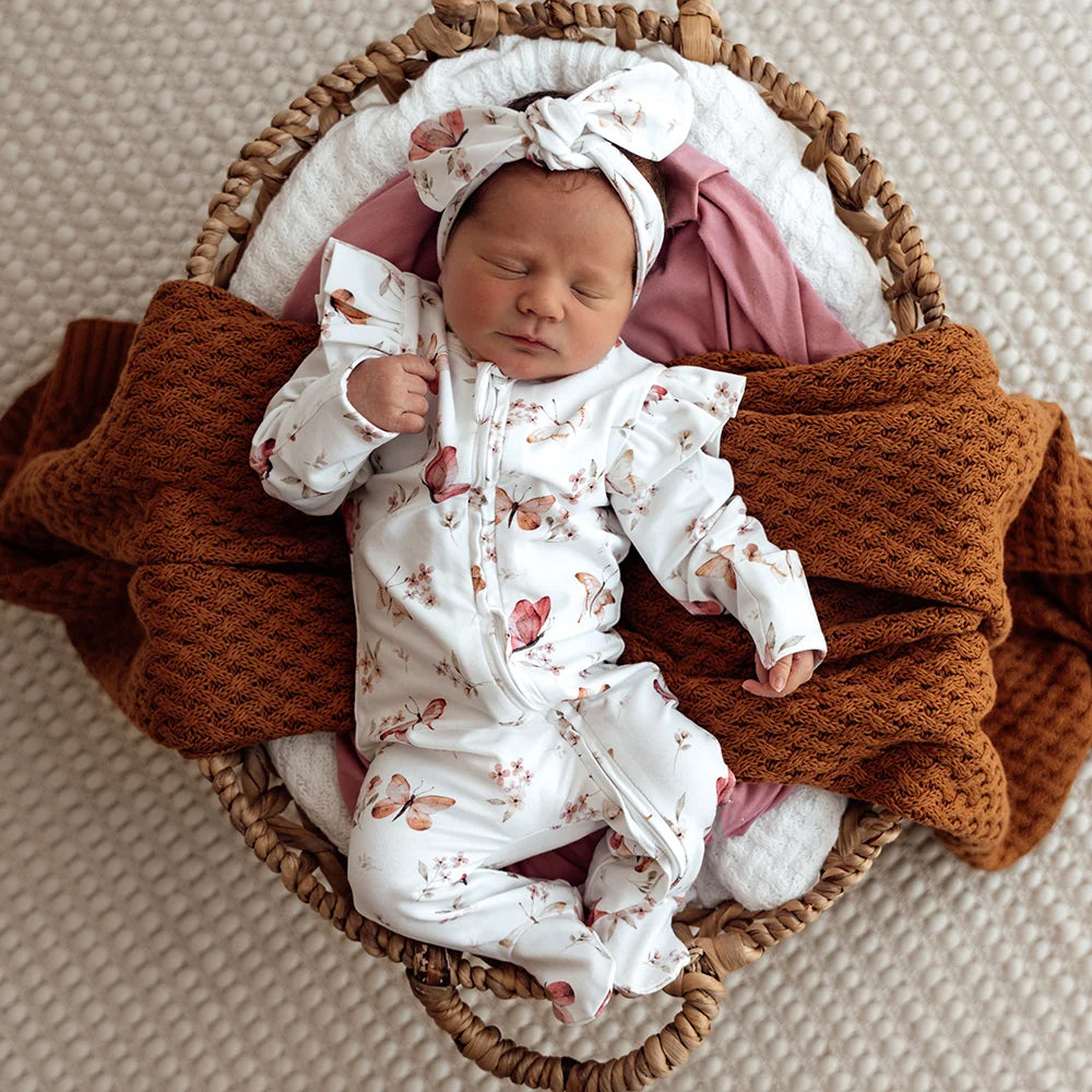 2PCS Baby Girl Butterfly Floral Print Ruffle Long Sleeve Zipper Jumpsuit
