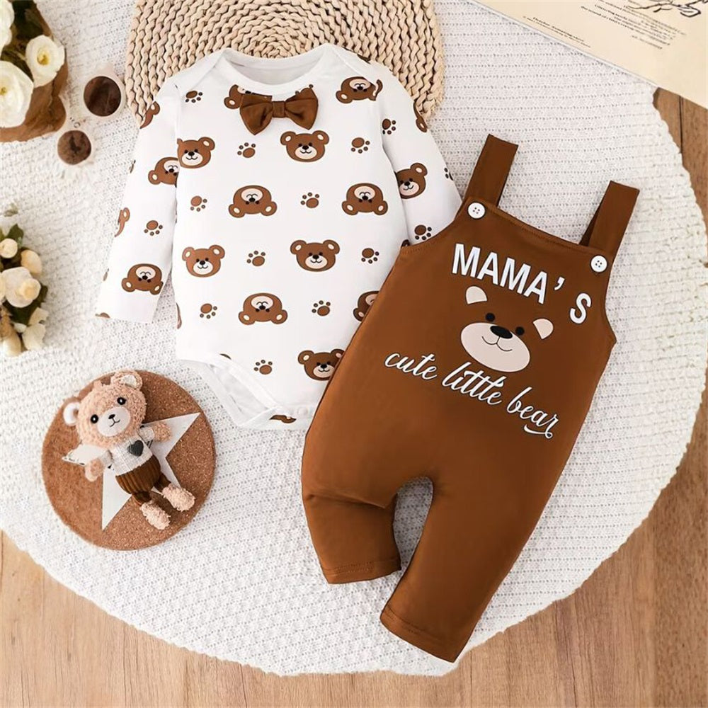 3PCS Mama's Cute Little Bear Letter Print Long Sleeve Baby Set