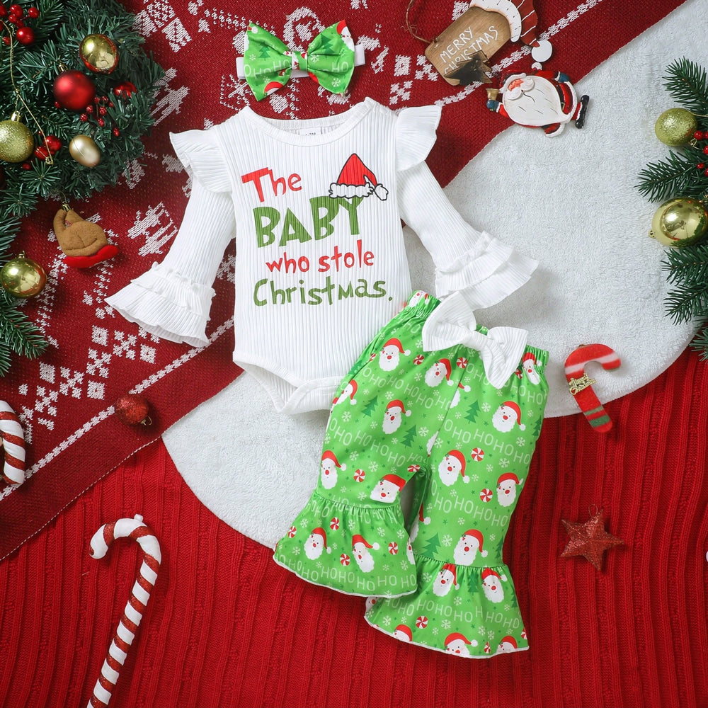3PCS Quirky The Baby Who Stole Christmas Letter Santa Claus Print Baby Set