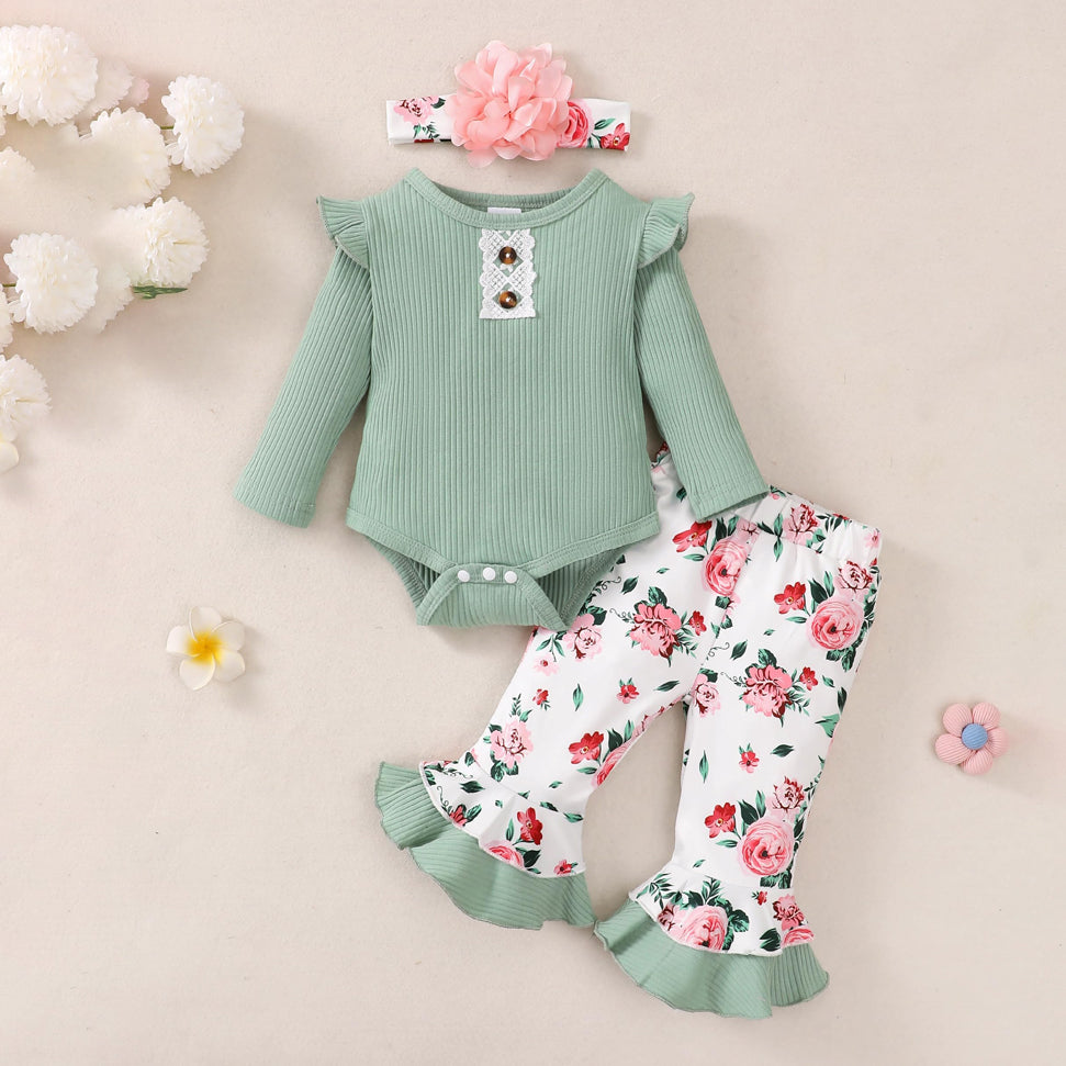 3PCS Stylish Cute Floral Print Long Sleeve Baby Girl Set
