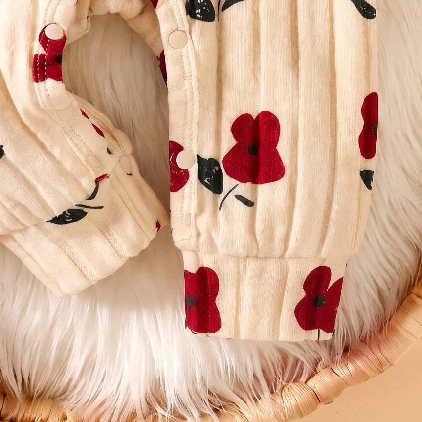 Sweet Floral Print Long Sleeve Hoodie Baby Girl Fleece Jumpsuit