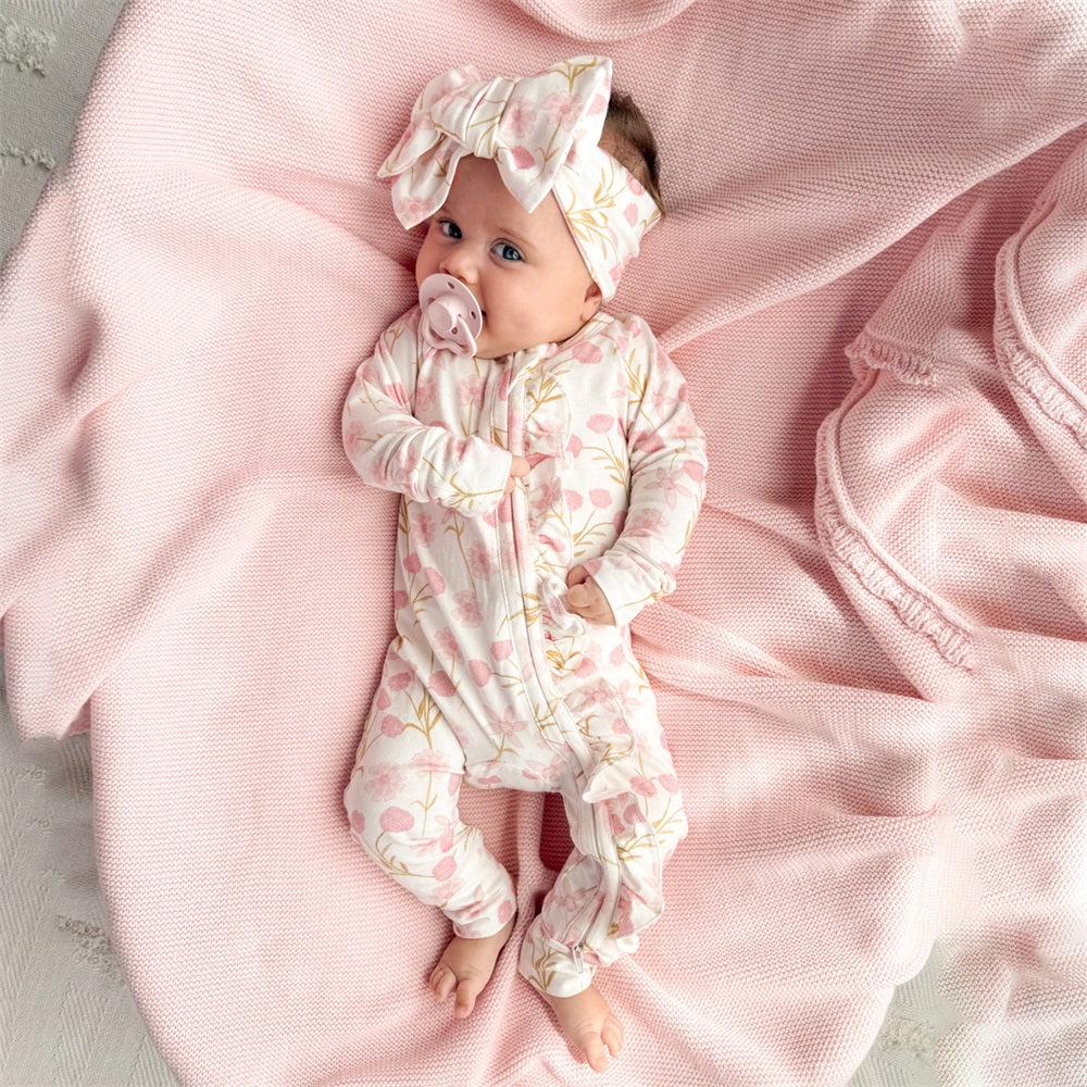 2PCS Soft Floral Printed Frill Zip Long Sleeve Baby Jumpsuit