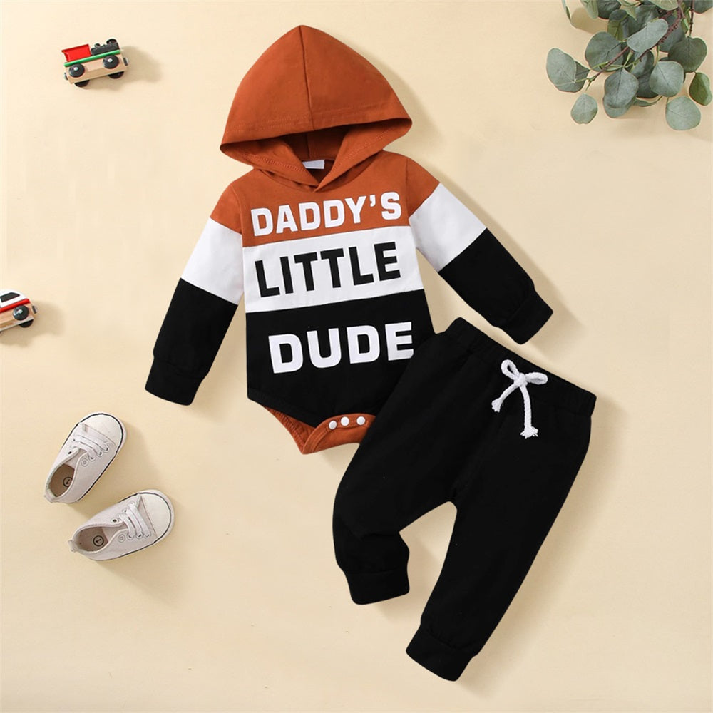2PCS Daddy's Little Dude Letter Print Color Blocking Baby Hooded Set