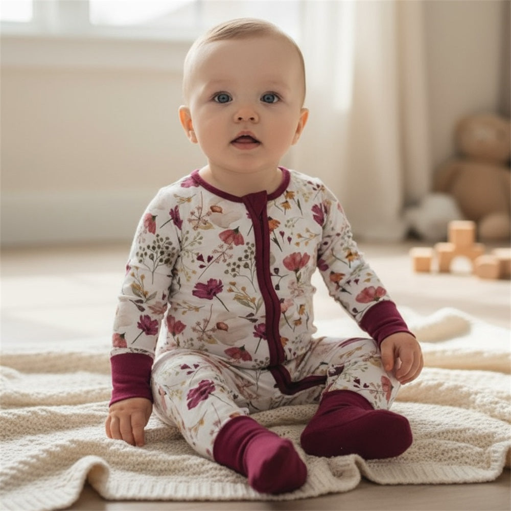 Stylish Casual Floral Print Long Sleeve Zipper Baby Jumpsuit