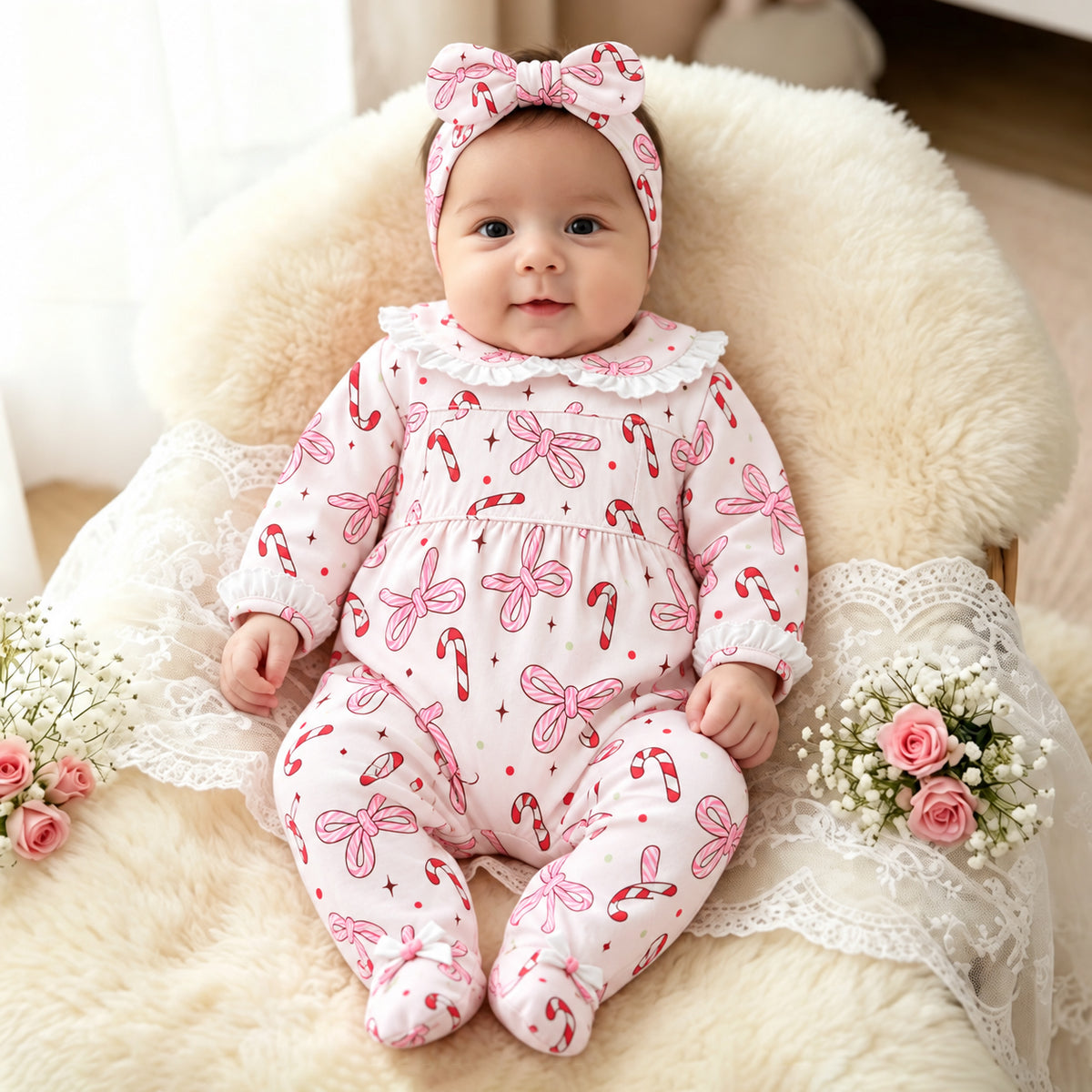 2PCS Pretty Candy Cane Bow Print Long Sleeve Baby Christmas Jumpsuit