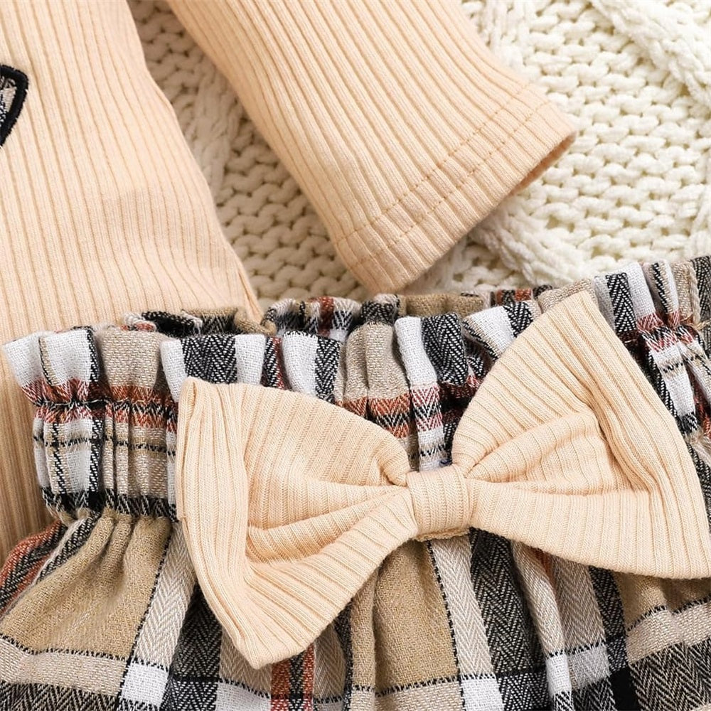 3PCS Cute Bow Print Plaid Long Sleeve Baby Set