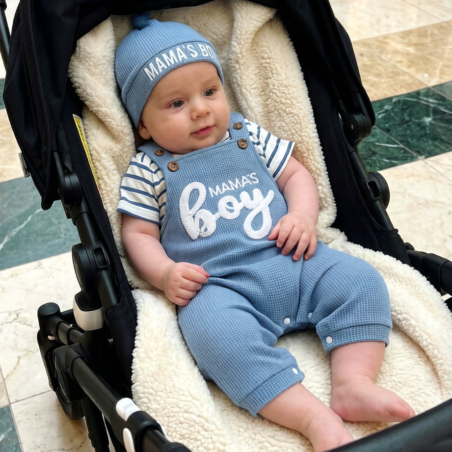 3PCS Cozy Mama's Boy Letter Stripe Print Baby Overalls Set