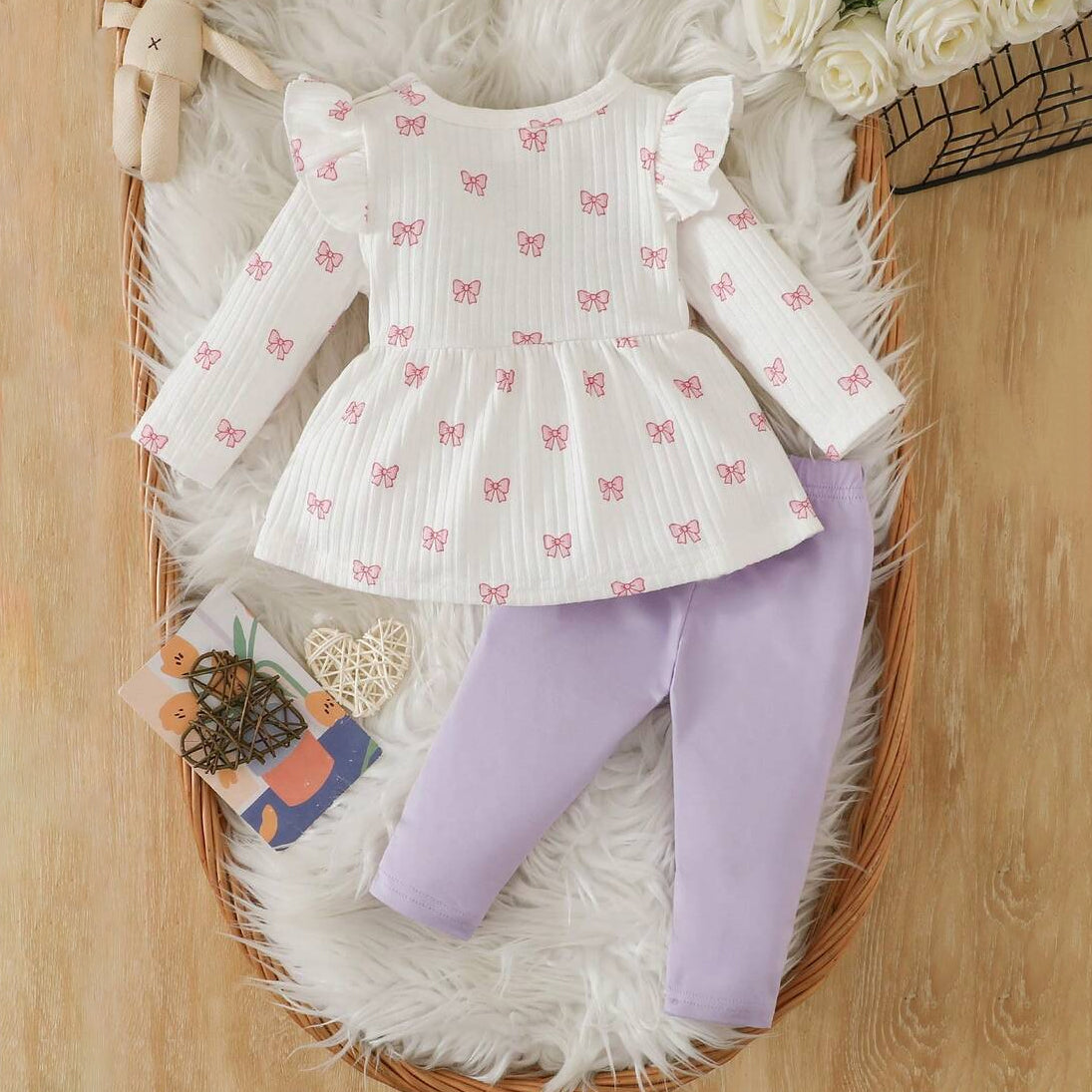 2PCS Dreamy Bow Print Long Sleeve Baby Girl Set