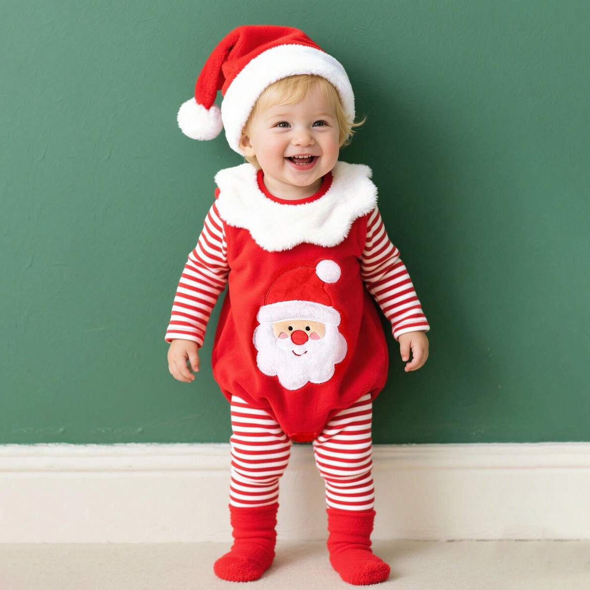 4PCS Lovely Santa Applique Stripe Print Long Sleeve Plush Baby Set