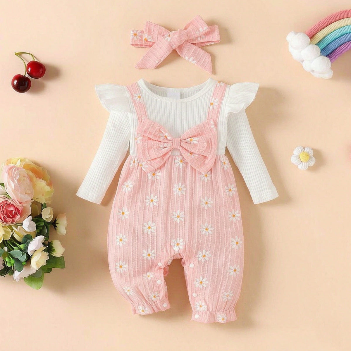 2PCS Daisy Print Faux Two-Piece Long Sleeve Baby Girl Jumpsuit