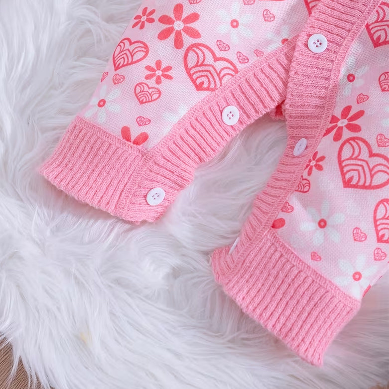 Pretty Heart Floral Print Long Sleeve Knit Baby Girl Jumpsuit