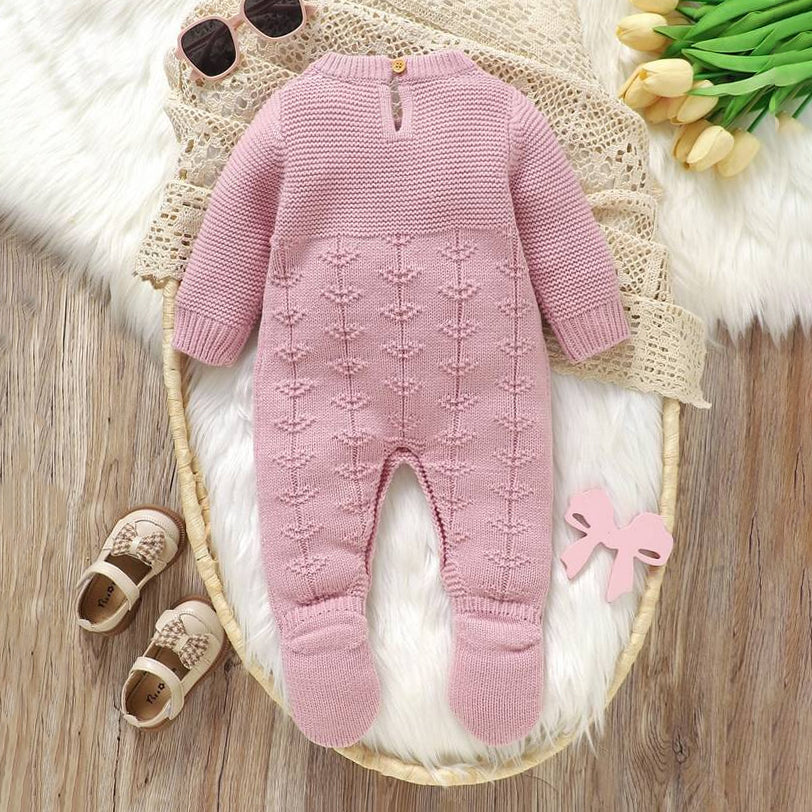Cozy Solid Color Lace Knitted Long Sleeve Baby Girl Jumpsuit