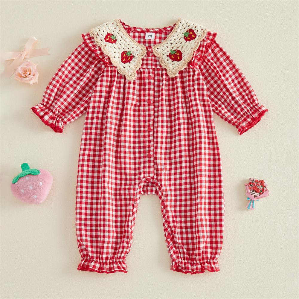 Strawberry Embroidery Plaid Print Long Sleeve Baby Jumpsuit