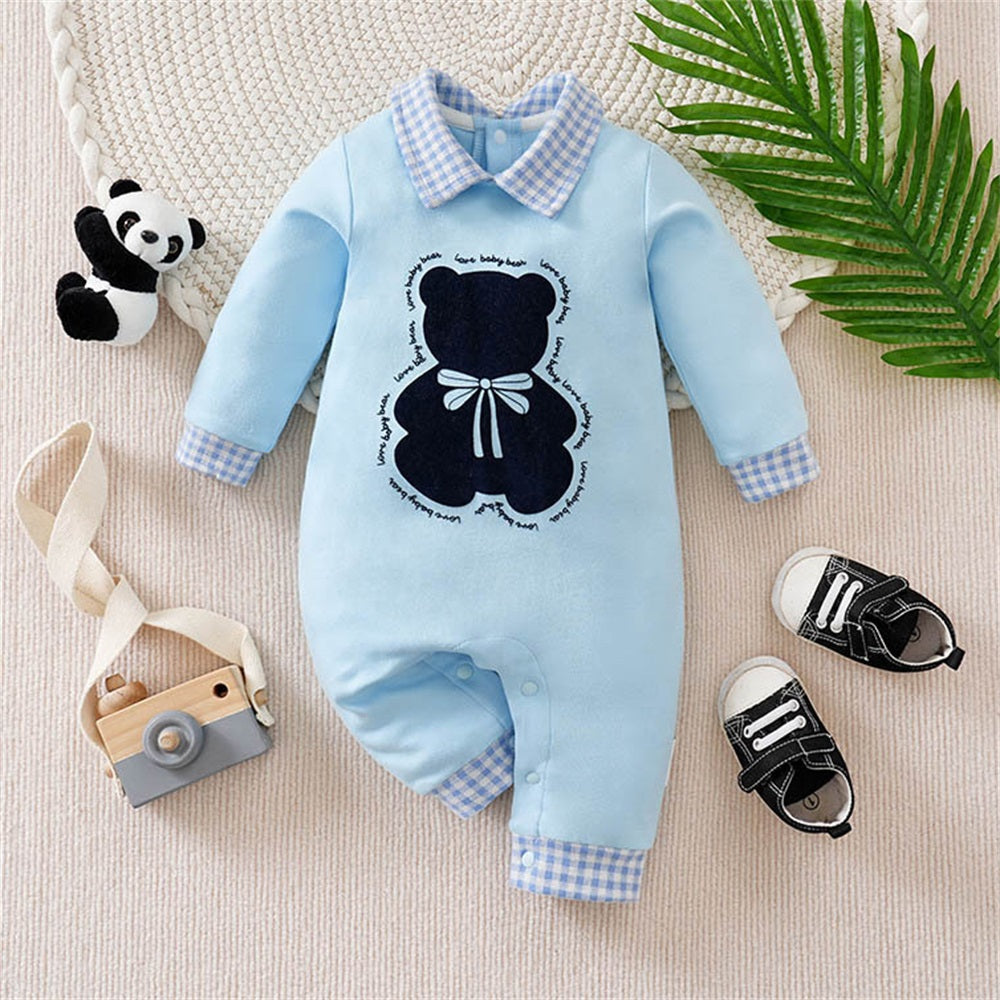 Stylish Bear Print Plaid Long Sleeve Baby Jumpsuit