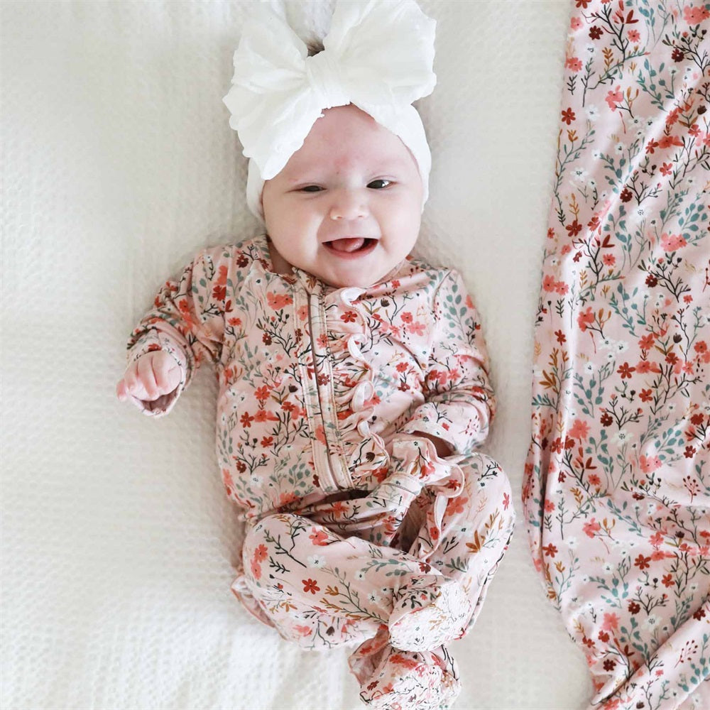 Casual Allover Floral Print Ruffle Long Sleeve Baby Jumpsuit