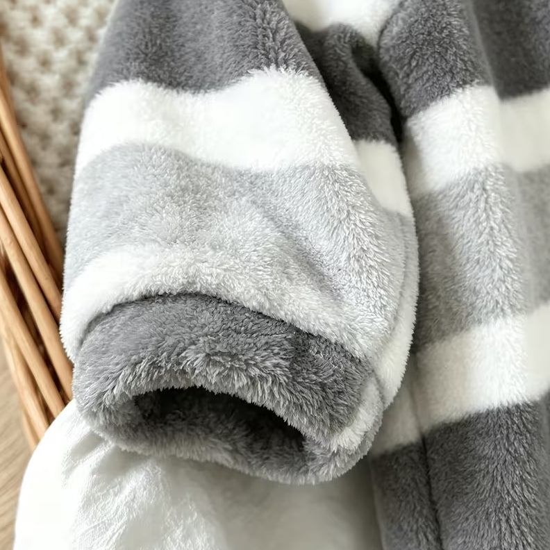 Casual Bear Applique Striped Long Sleeve Baby Zipper Hooded Fleece Jumpsuit