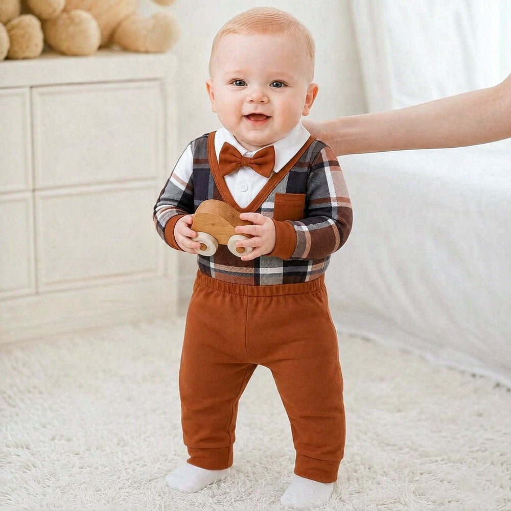 2PCS Classic Plaid Print Bow Tie Long Sleeve Baby Boy Set