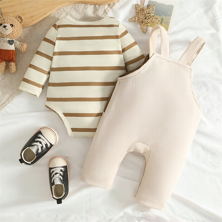 2PCS Adorable Bear Stripe Print Long Sleeve Baby Overalls Set