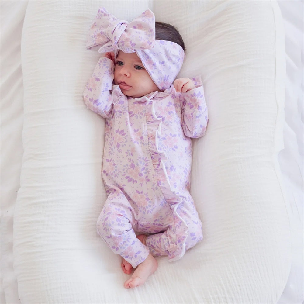 Elegant Allover Floral Print Ruffle Long Sleeve Baby Jumpsuit
