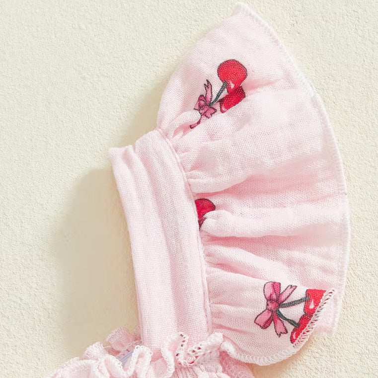 2PCS Summer Cherry Printed Ruffled Fly Sleeve Baby Set