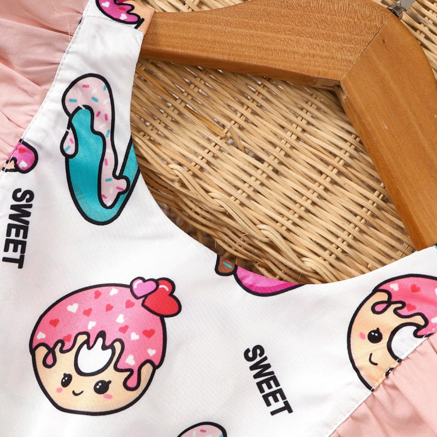 2PCS Lovely Donut Print Ruffle Sleeveless Baby Jumpsuit
