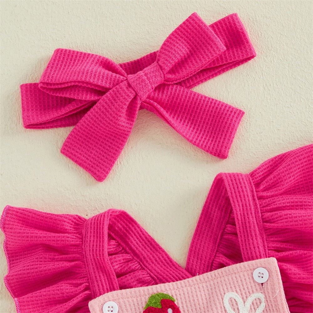 2PCS Strawberry Embroidery Flounce Sleeve Baby Romper
