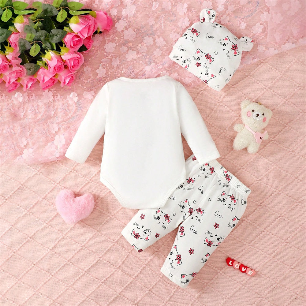 3PCS Adorable Cat Print Long Sleeve Baby Set