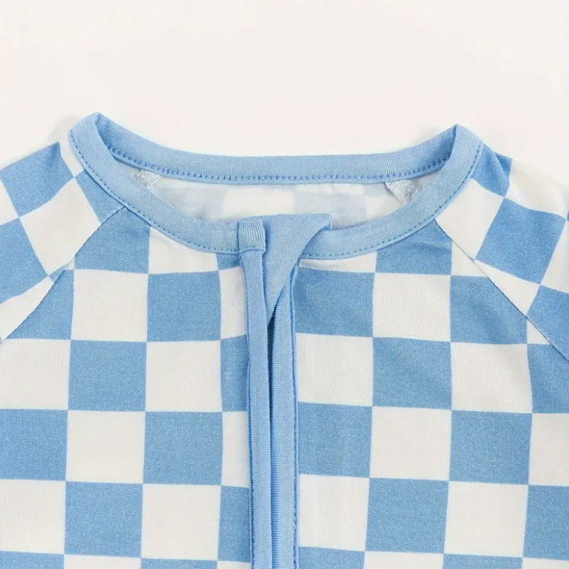 Stylish Plaid Printed Zipper Bamboo Viscose Baby Jumpsuit
