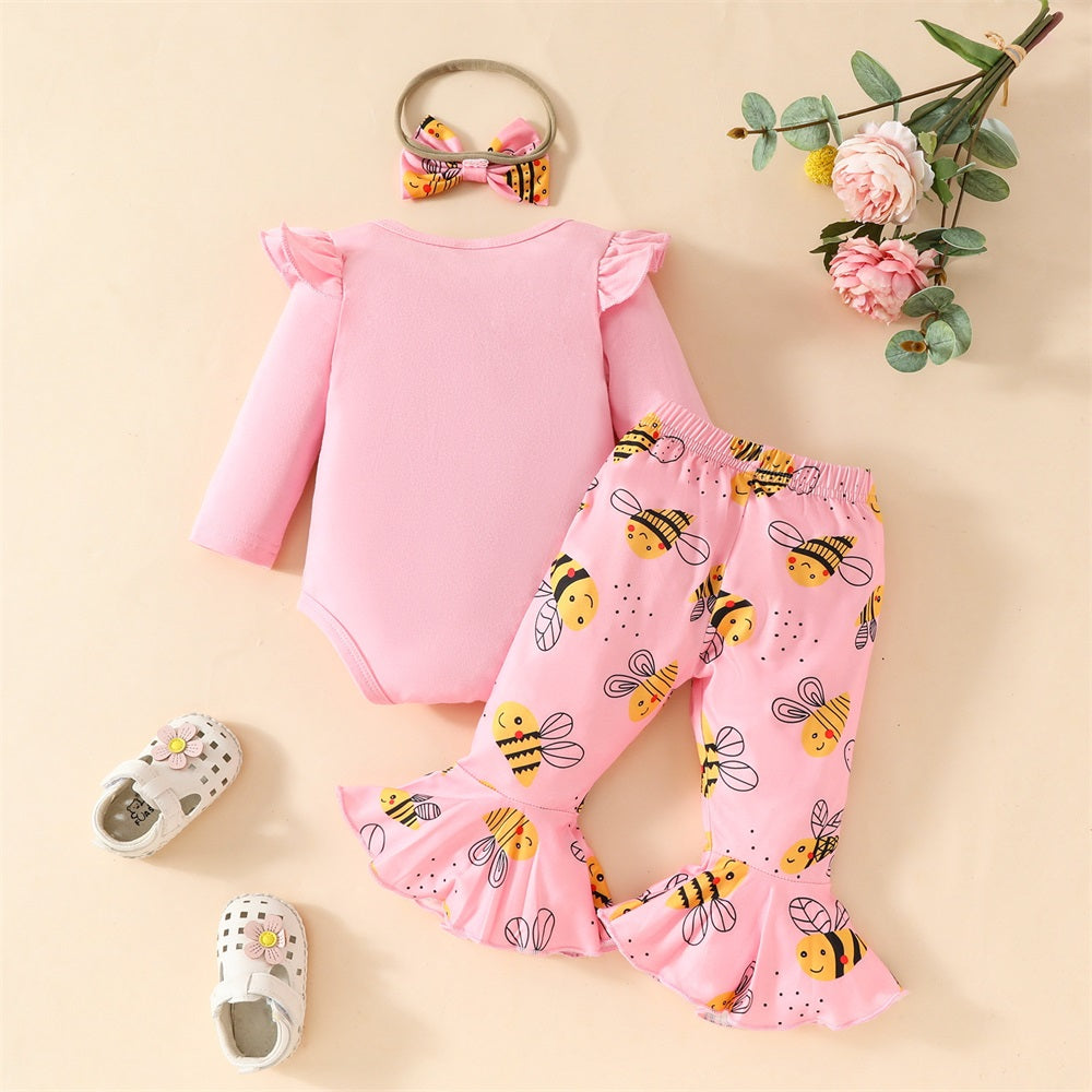3PCS Sweet As Can Bee Letter Print Long Sleeve Baby Set