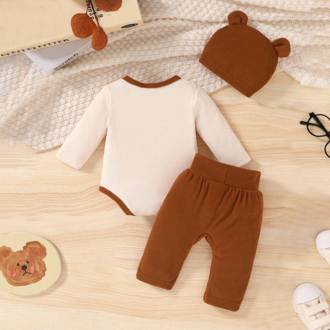 3PCS Mama's Boy Letter 3D Bear Print Long Sleeve Baby Set